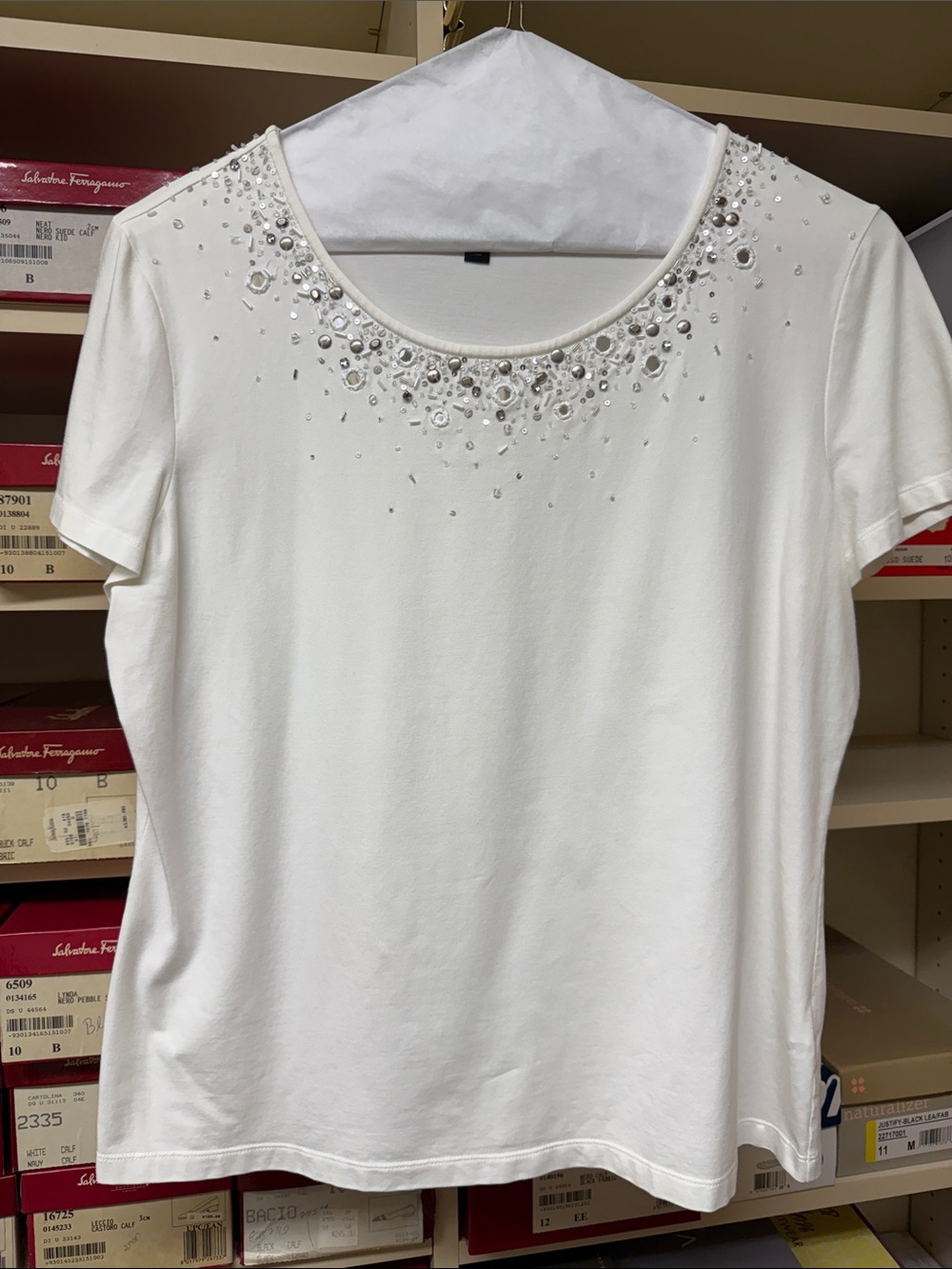 Lafayette 148 New York White Short-Sleeve Embellished Crewneck Top